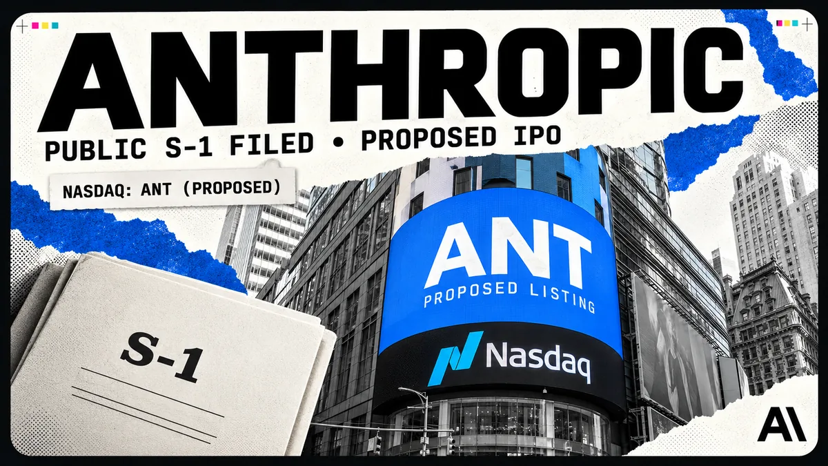 Editorial illustration of Anthropic’s proposed IPO, showing a Nasdaq MarketSite-inspired tower with the planned ANT symbol and an S-1 folder.