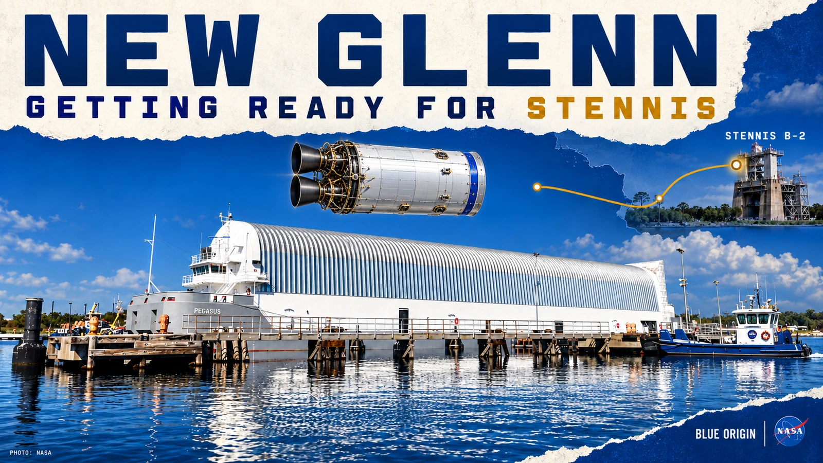 Editorial collage using NASA’s Pegasus barge photograph, a conceptual two-engine New Glenn upper stage and a Stennis B-2 inset to illustrate testing preparations.