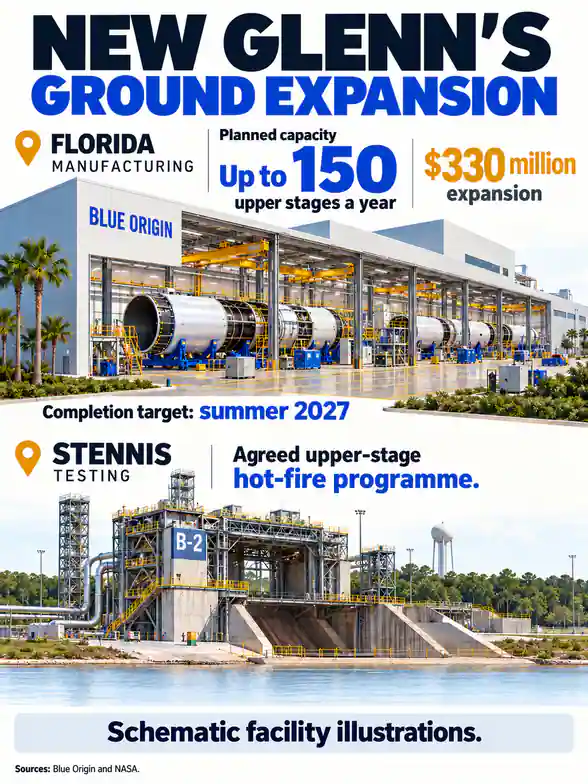 Schematic facilities: planned Florida capacity of up to 150 upper stages a year, a summer 2027 completion target and the separate Stennis test programme.