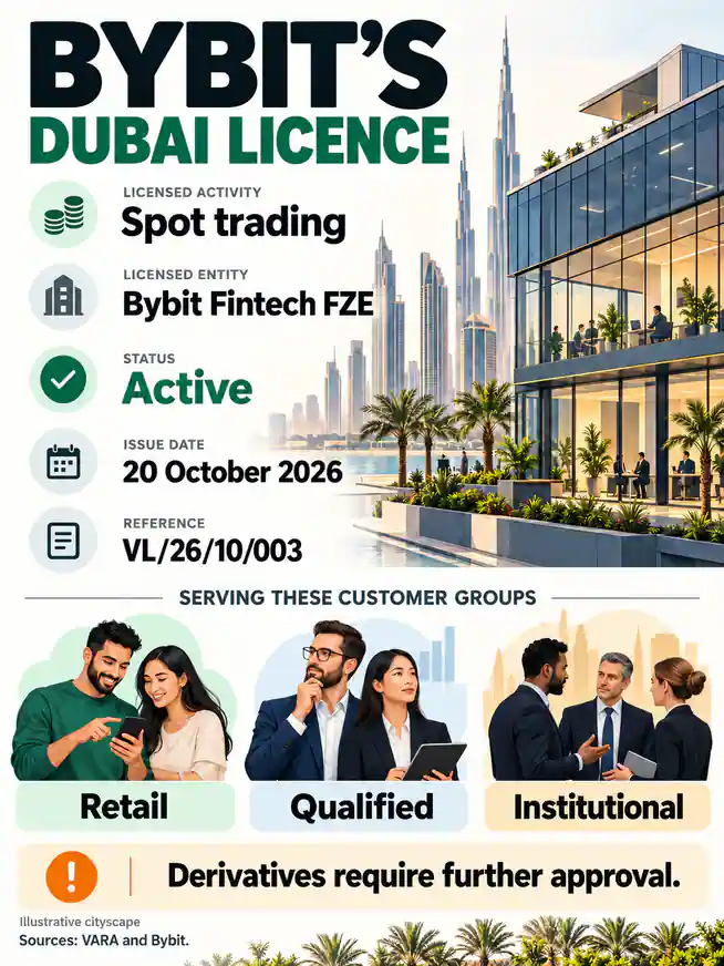 Bybit Fintech FZE’s active VARA licence, issued on 20 October 2026, covers spot trading for the stated investor groups. The cityscape is illustrative.