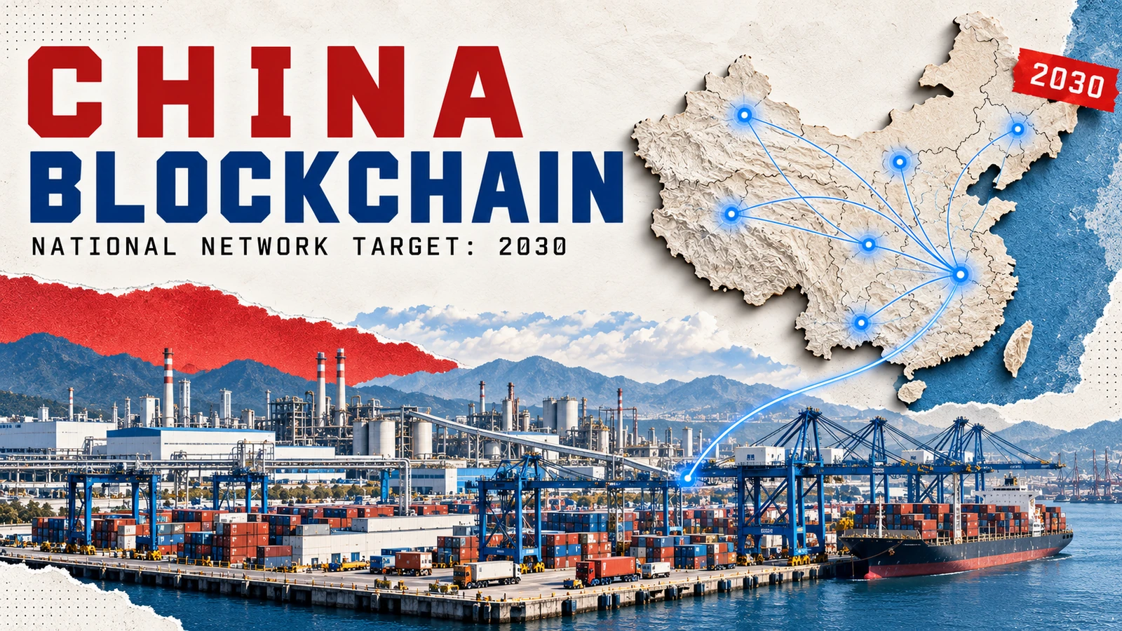 Conceptual connected map of China above an industrial port, illustrating the national blockchain network target for 2030.