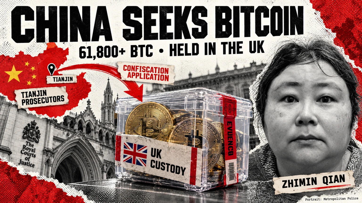 Zhimin Qian portrait beside an illustration of UK-held Bitcoin and a Chinese confiscation application.