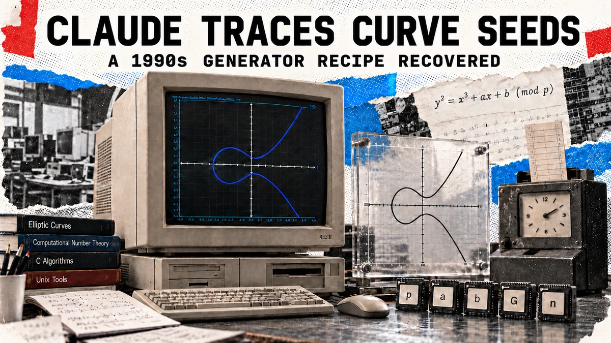 Editorial illustration of a 1990s workstation, public elliptic-curve parameters and a clock.