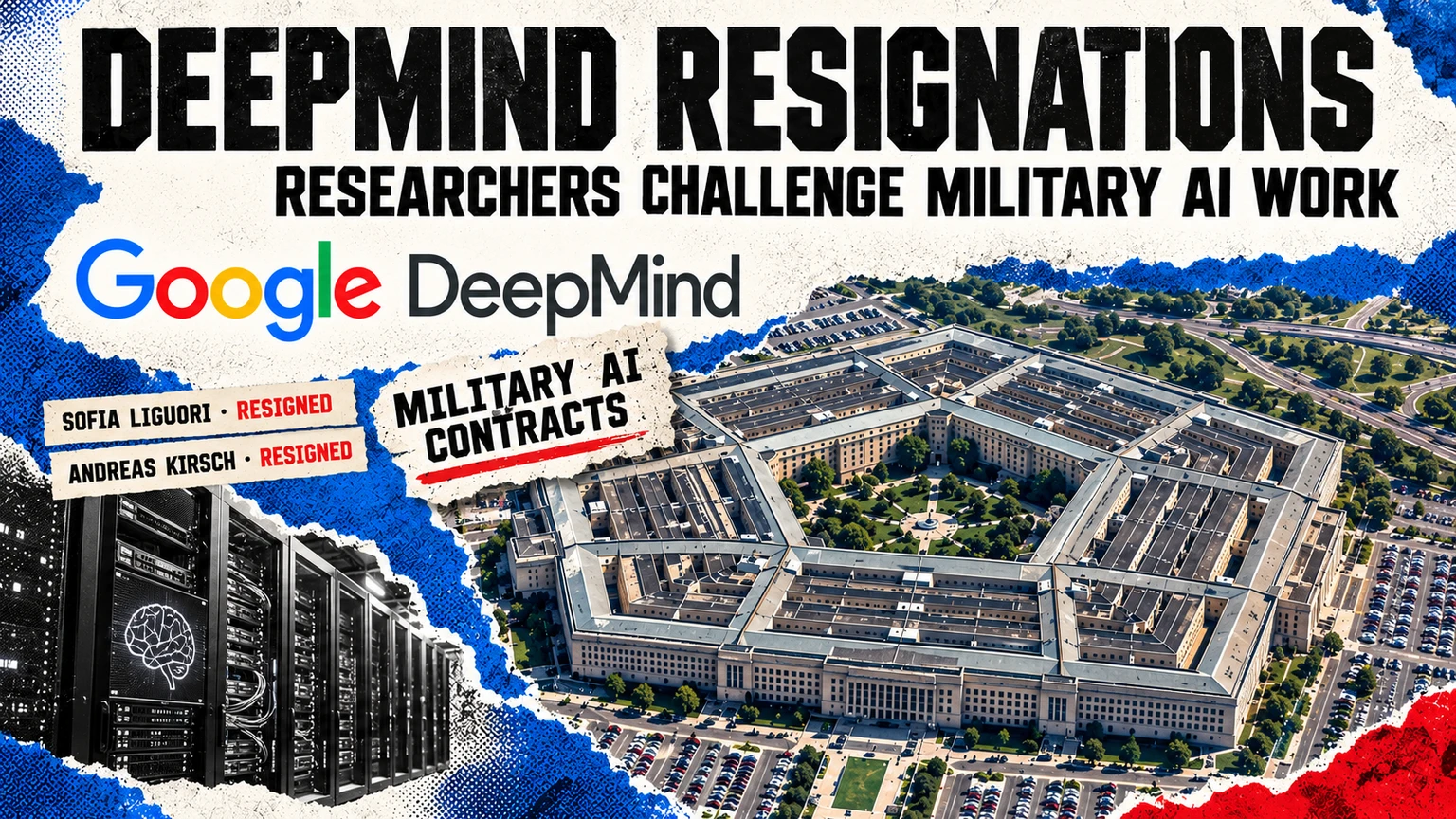 Editorial collage of the Google DeepMind wordmark, AI computing equipment and the Pentagon, with labels naming the two researchers who resigned.