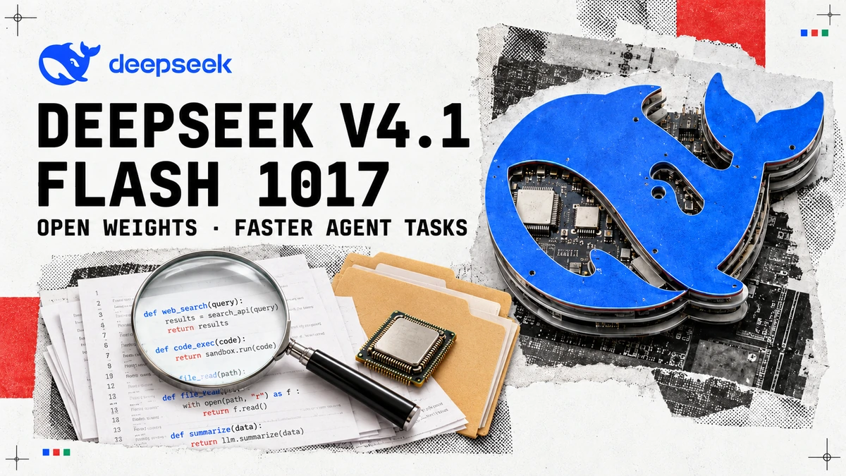 Editorial illustration of DeepSeek V4.1 Flash 1017 with coding and tool-execution paths.