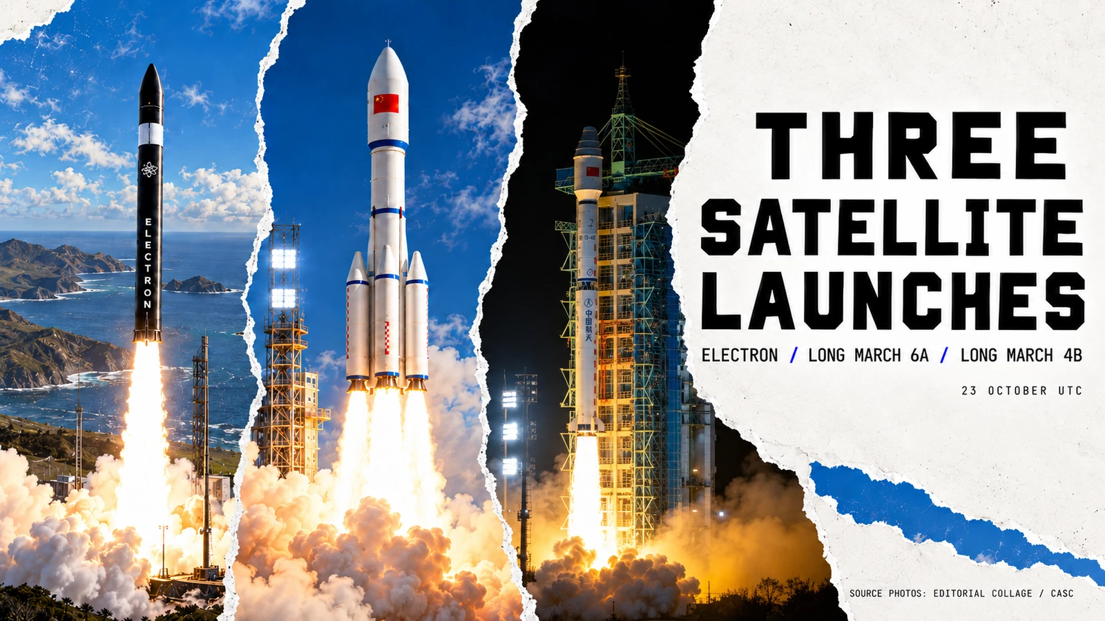 Editorial montage of Electron, Long March 6A and Long March 4B in separate launch scenes, using CASC source photography for the Chinese vehicles.