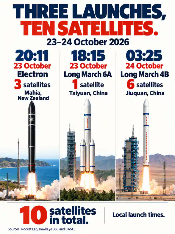 Local launch dates and times: Electron at 8:11pm on 23 October with three satellites, Long March 6A at 6:15pm on 23 October with one and Long March 4B at 3:25am on 24 October with six.