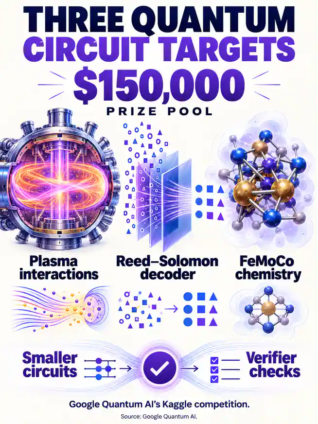 Schematic subjects for Google Quantum AI’s $150,000 competition: plasma interactions, a Reed–Solomon decoder and FeMoCo chemistry.