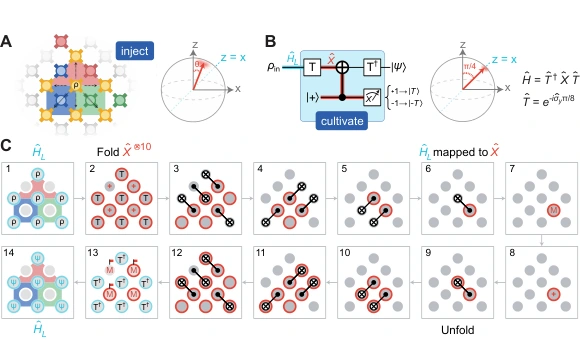 The experimental diagram shows the colour-code patch, state injection and fold-unfold circuit for cultivation.