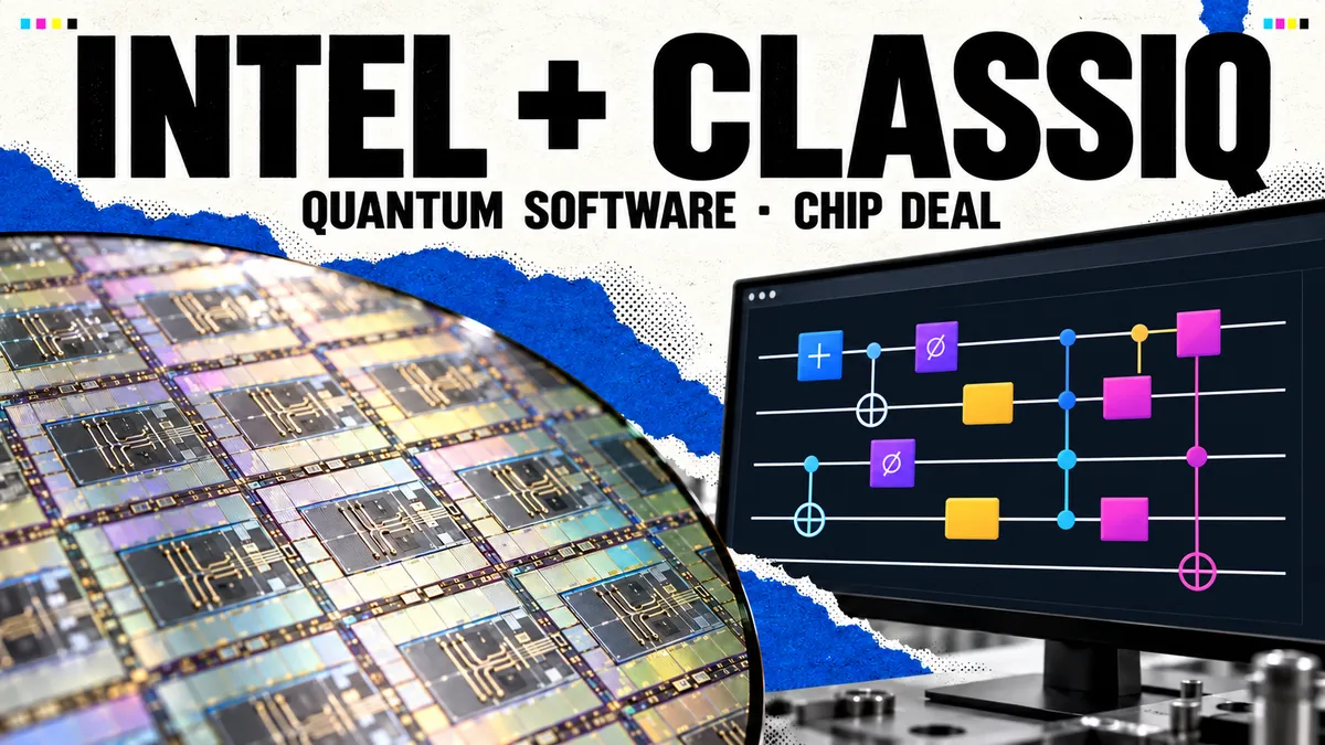 Editorial illustration of a silicon wafer and quantum circuit software for Intel's proposed acquisition of Classiq.
