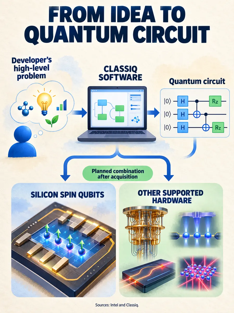 A conceptual workflow from a developer's problem through Classiq software to a quantum circuit for supported hardware.