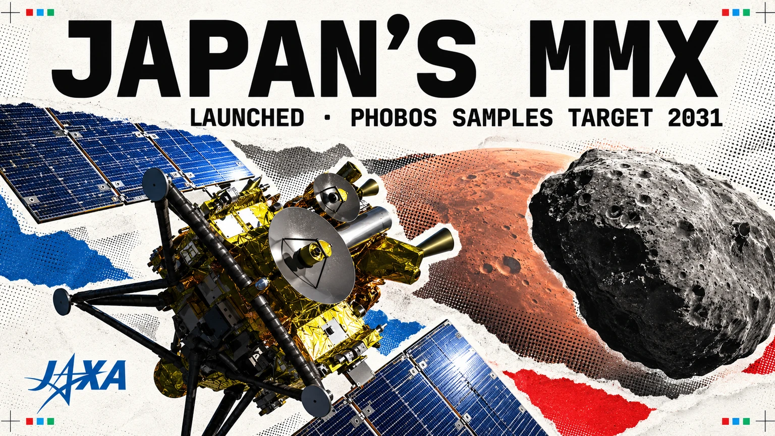 The MMX spacecraft approaching Phobos, with JAXA branding.