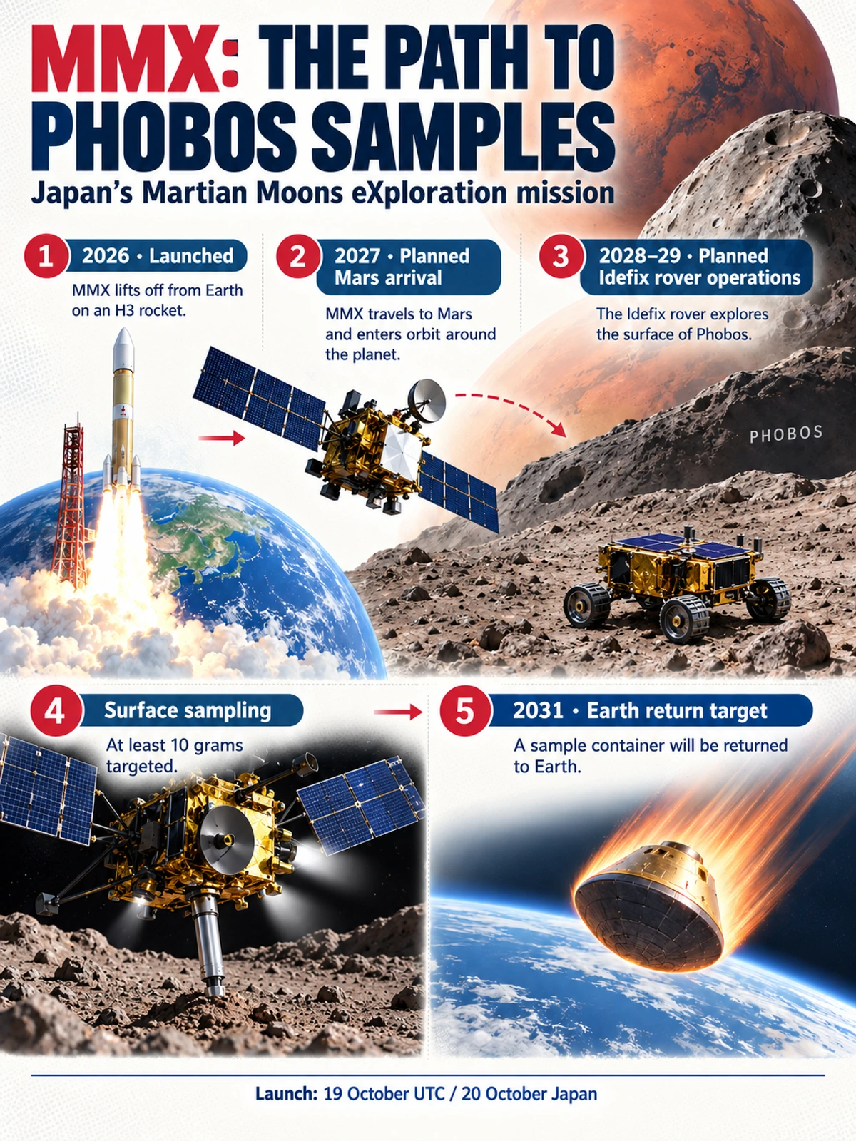 MMX mission timeline from its completed 2026 launch through planned Mars arrival, Phobos sampling and Earth return in 2031.