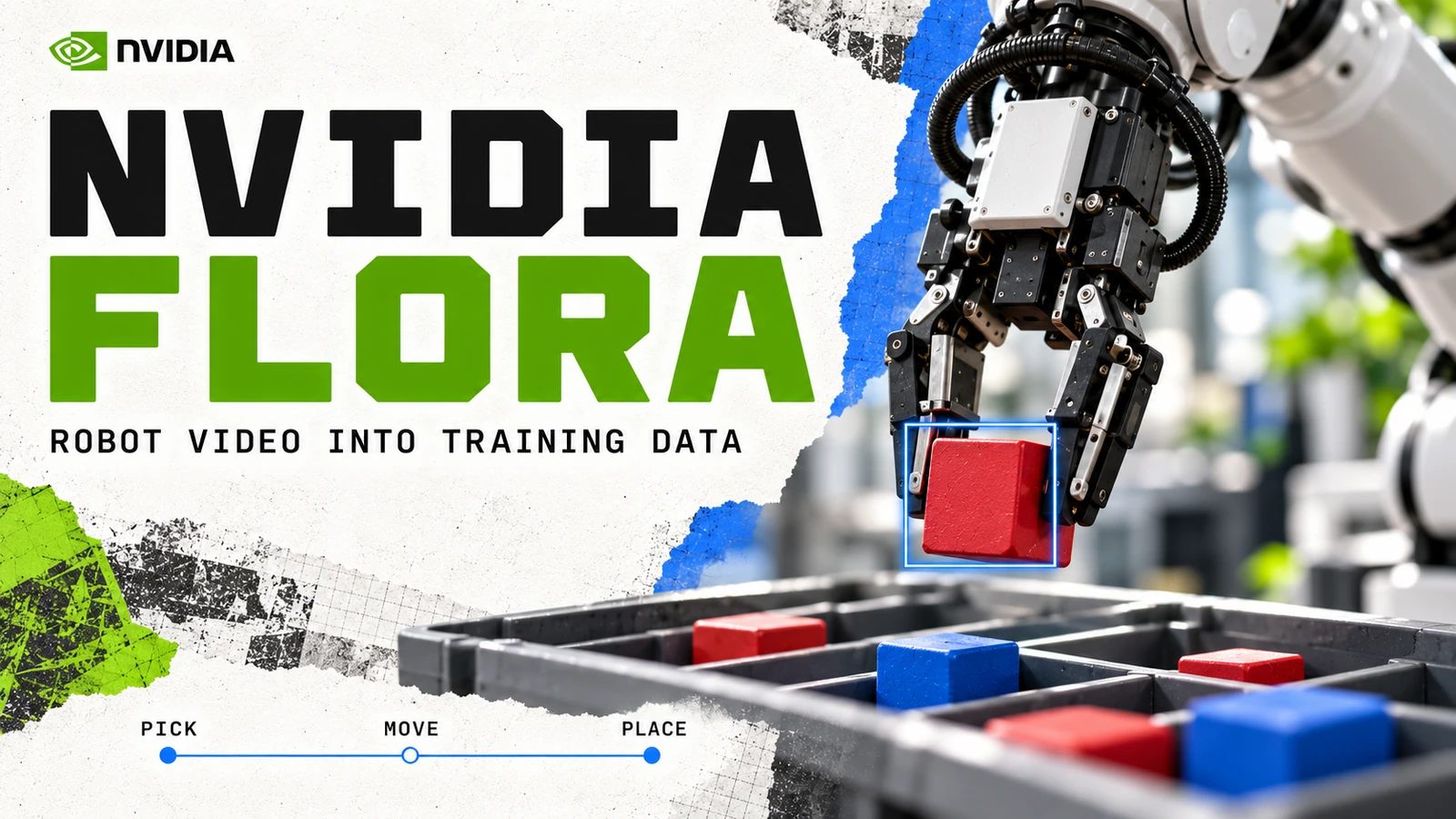 Editorial illustration of a detailed robot gripper picking up a red block, with a tracking rectangle and pick, move, place timeline for Nvidia Flora.