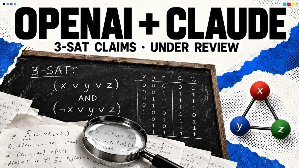 Editorial illustration of a 3-SAT logic problem and a magnifying glass representing research review.