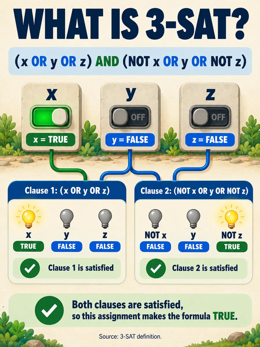 A worked 3-SAT example with three variables and two clauses; both clauses are true for the selected values.