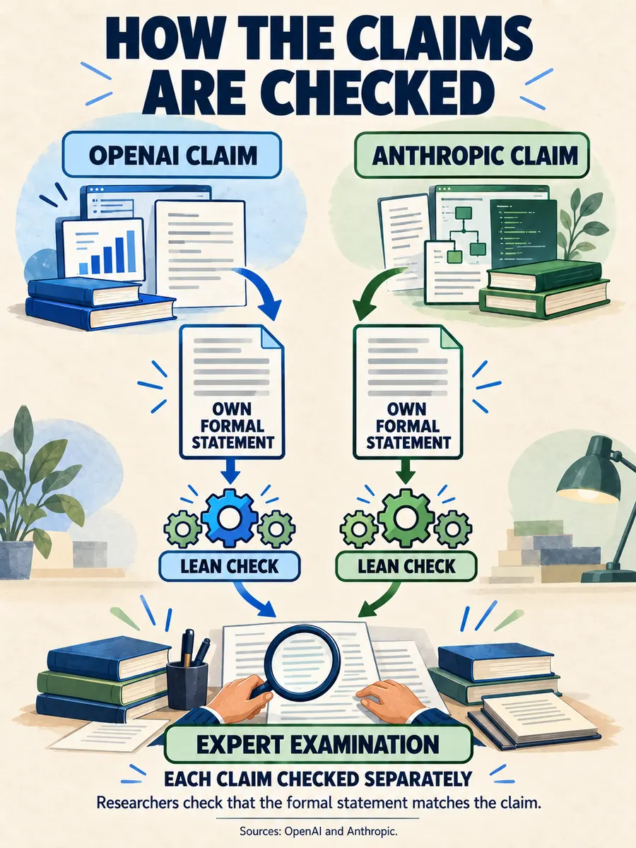 The labs published separate claims and formal statements; Lean checks formal steps and researchers examine the work.
