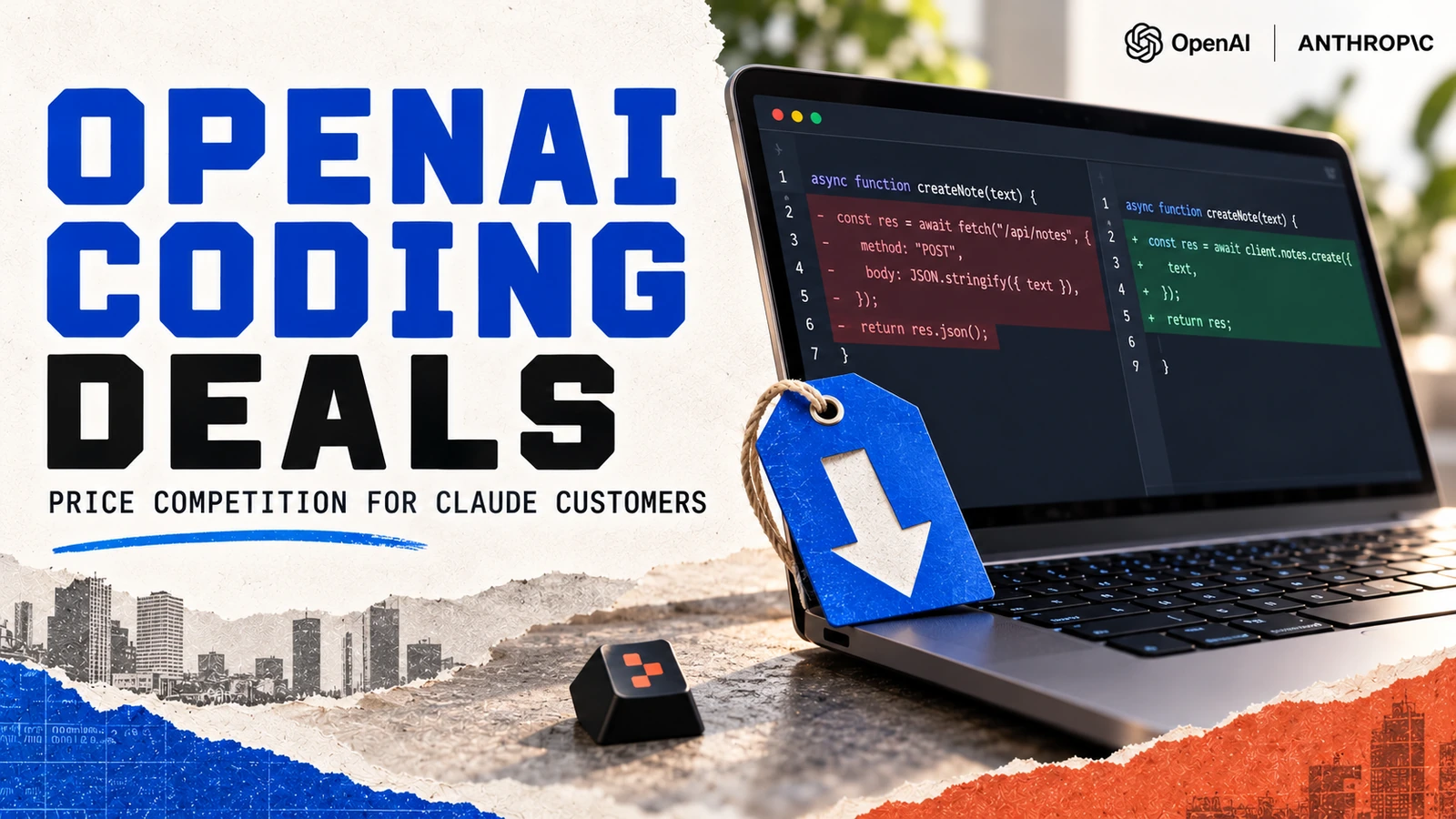 Editorial illustration of a developer laptop, blue downward price tag and Replit keycap, with small OpenAI and Anthropic marks.