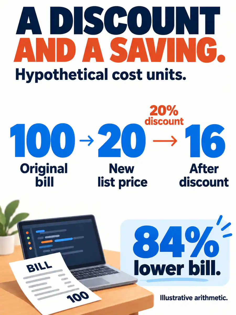 Hypothetical cost units: 100 originally, 20 at a new list price and 16 after a 20% discount, giving an 84% lower bill.