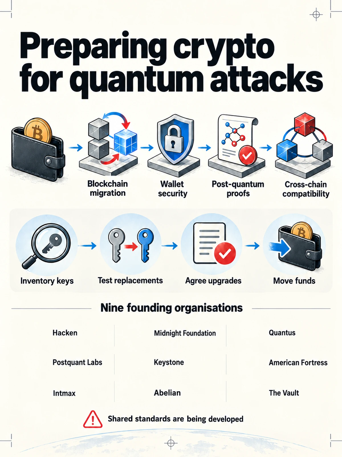 Four work areas connect blockchain migration, wallet security, post-quantum proofs and cross-chain compatibility.