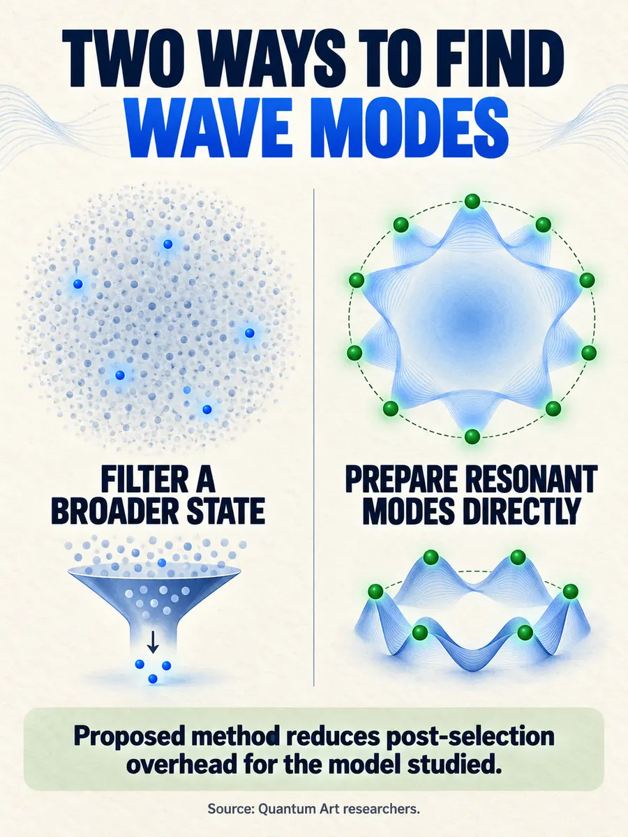 Conceptual comparison of filtering a broader state and preparing resonant modes directly.