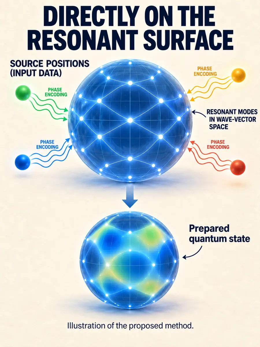Conceptual diagram of resonant modes in wave-vector space, with source positions encoded as phases.