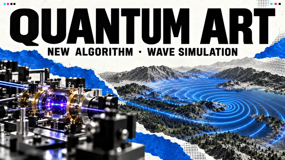 Editorial illustration of wavefronts crossing a landscape beside an ion-trap optical setup.