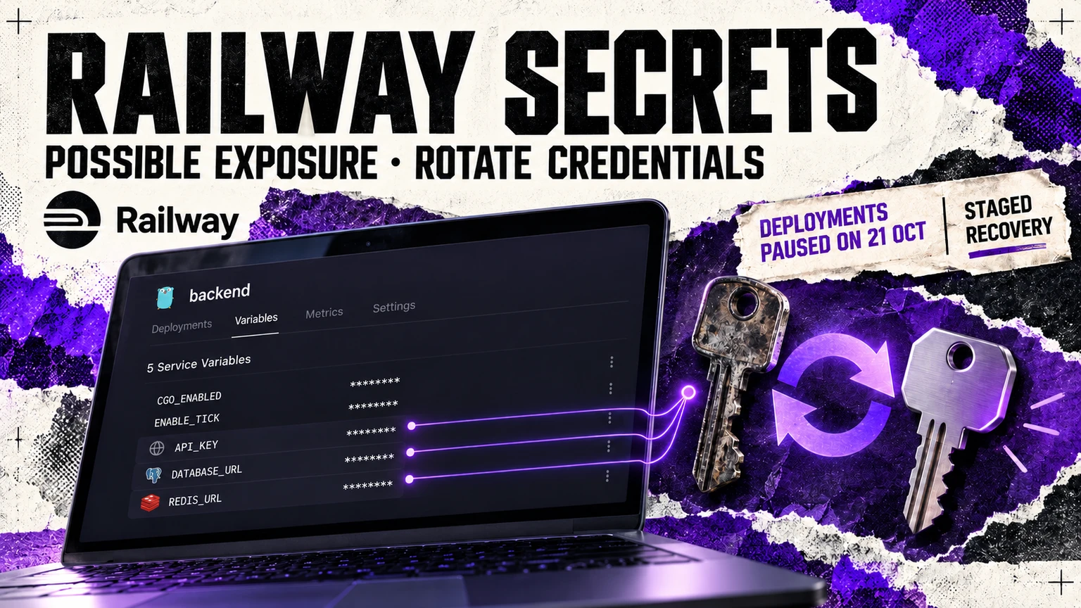 Railway Variables interface with masked credentials and an illustration of key rotation following possible exposure.