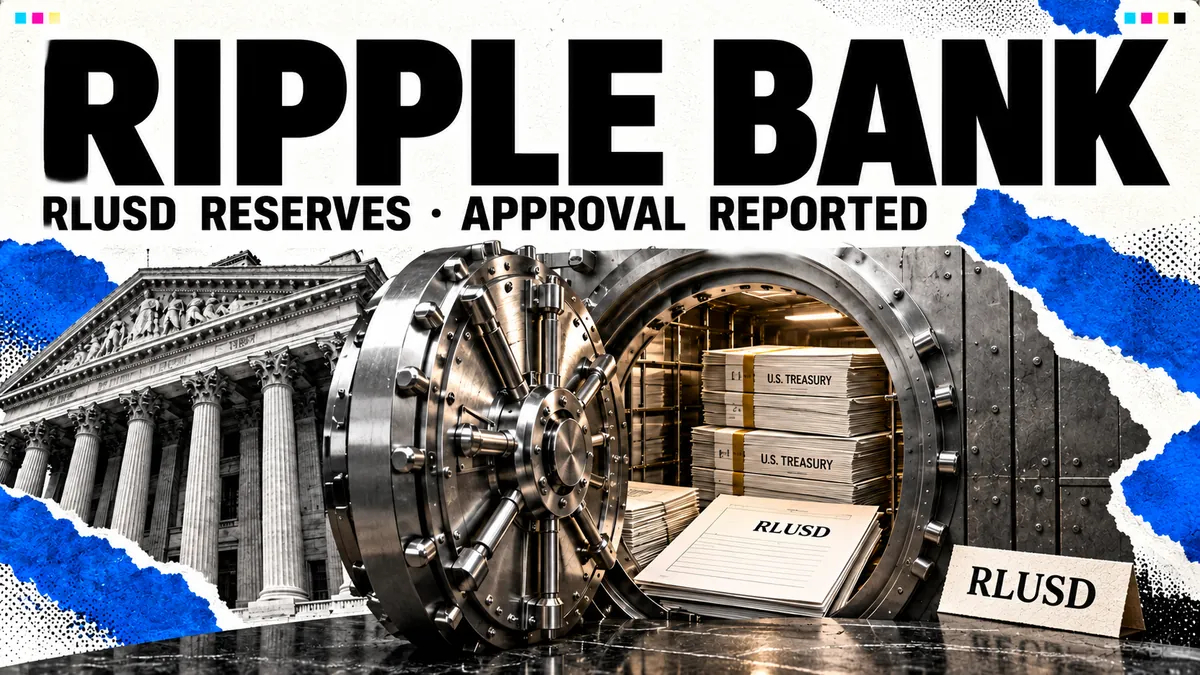 Editorial illustration of a bank vault and reserve assets for Ripple's RLUSD stablecoin.