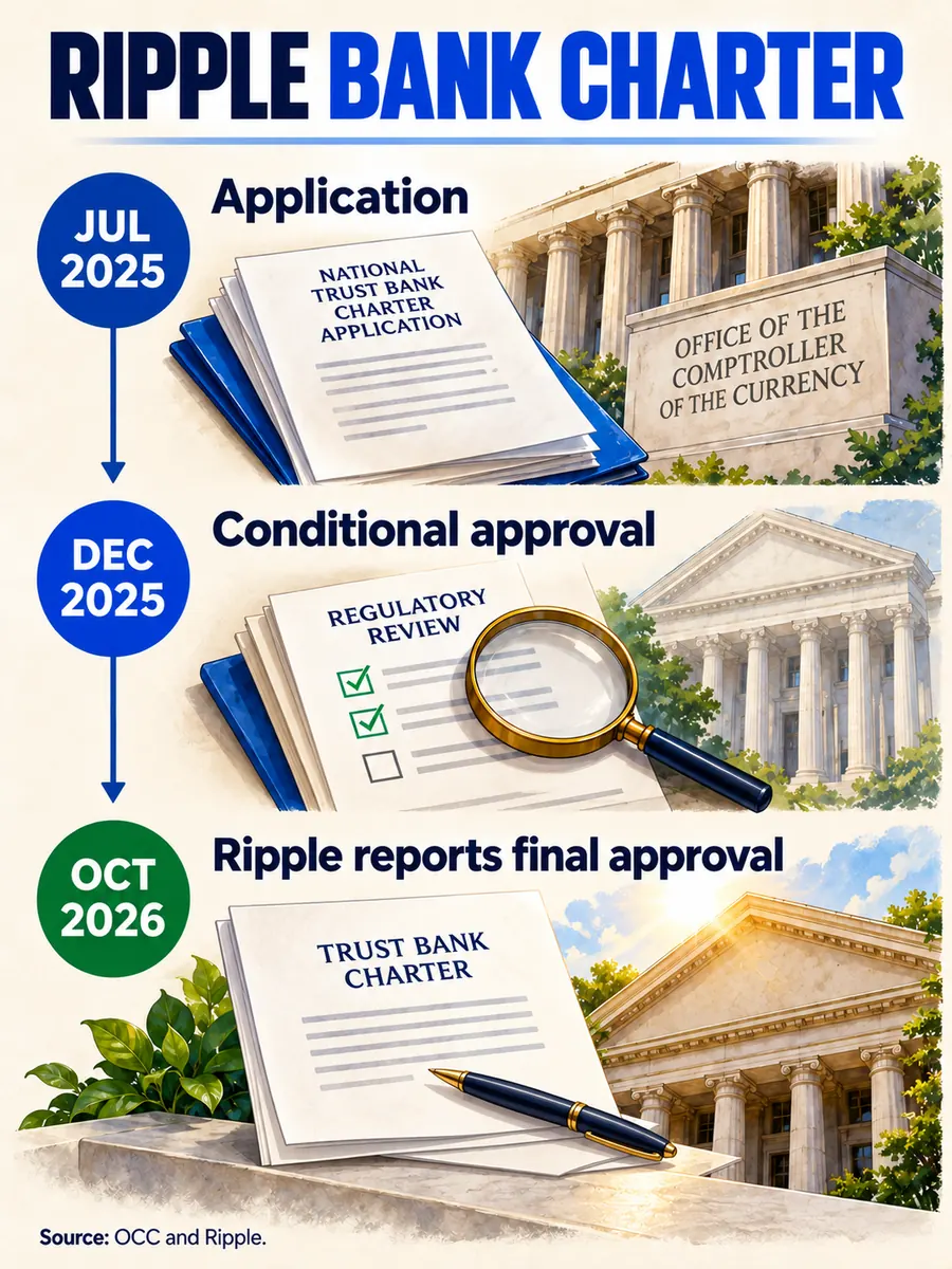 Timeline of the trust bank application, conditional approval and Ripple's report of final approval.