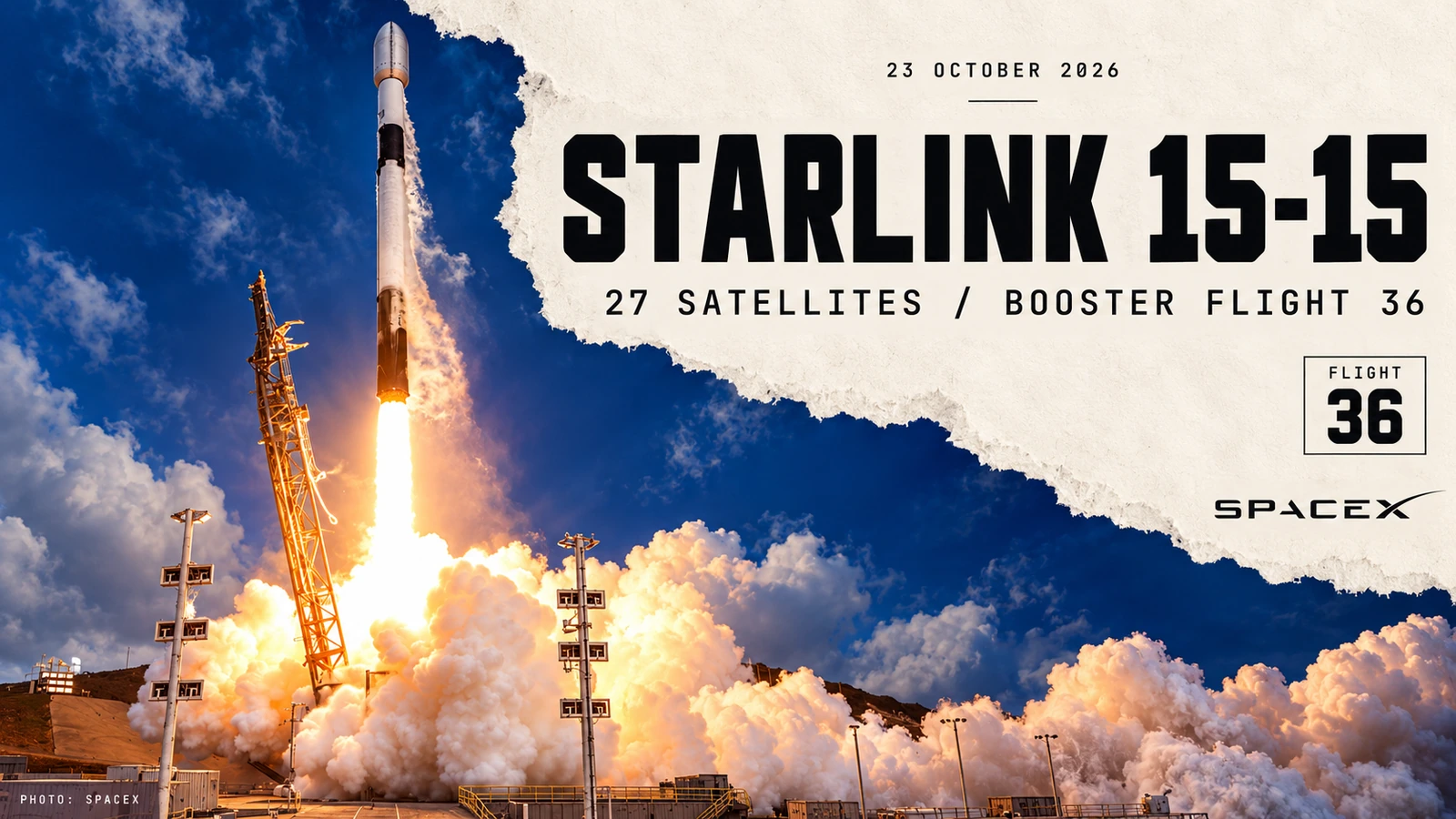 Editorial collage based on SpaceX’s Starlink 15-15 launch photograph, identifying 27 satellites and the booster’s 36th flight on 23 October.
