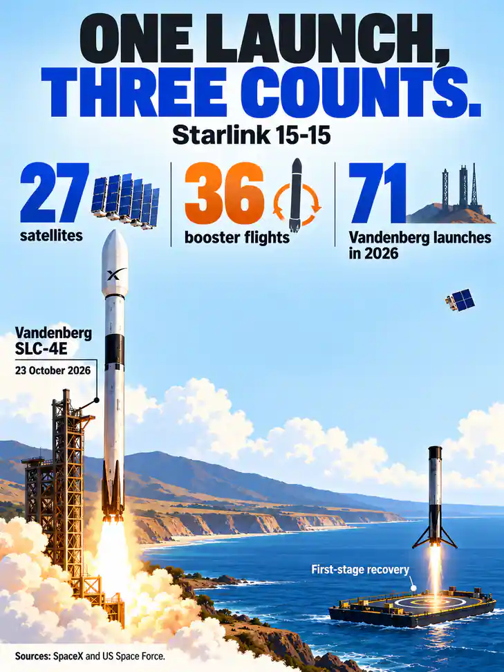Illustrated Starlink 15-15 overview: 27 satellites, the booster’s 36th flight and Vandenberg’s 71st launch of 2026.