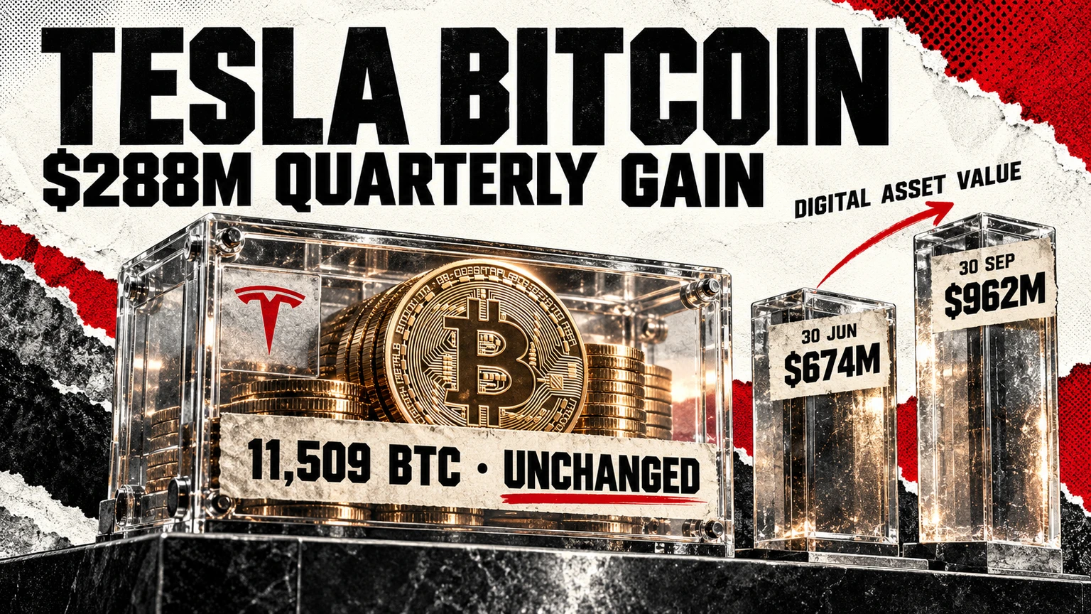Tesla Bitcoin treasury illustration with 11,509 BTC unchanged and digital-asset values of $674m and $962m.