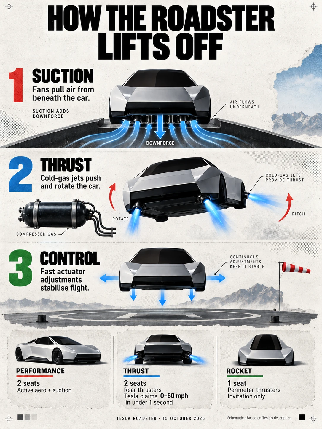 Illustrated schematic explains suction against a surface, cold-gas thrust and flight stabilisation, with the three Roadster configurations below.